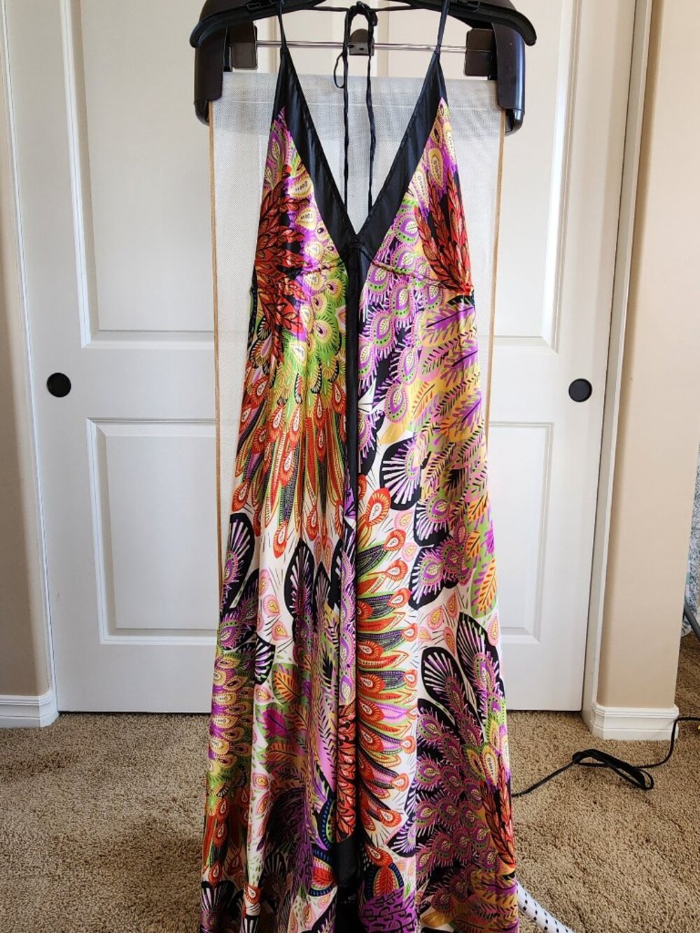 Vibrant Multicolor Peacock Feather Halter Handkerchief Maxi Dress OS